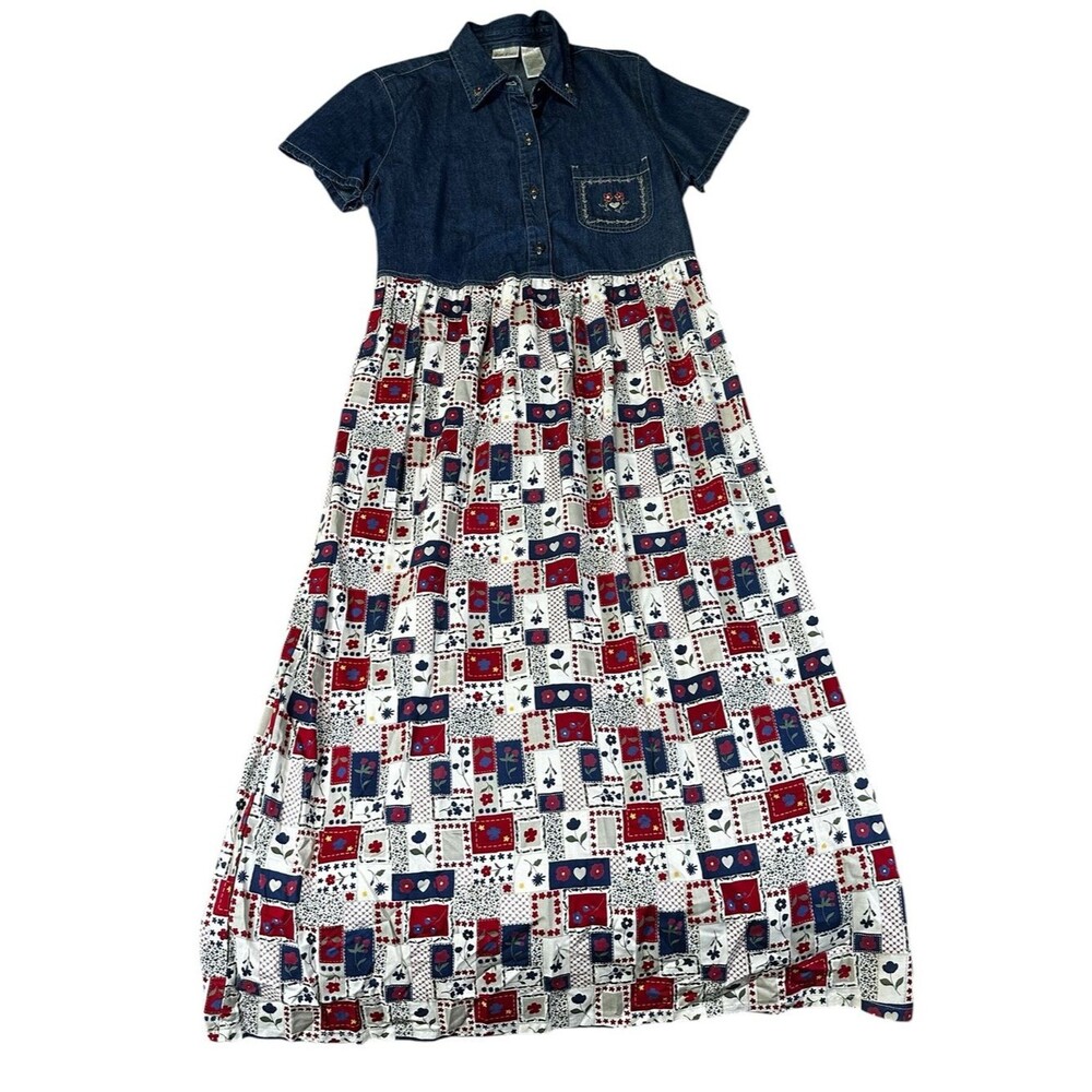 VTG 90s Bobbie Brooks Denim Patchwork Prairie Maxi Dress Large Cottagecore Folk